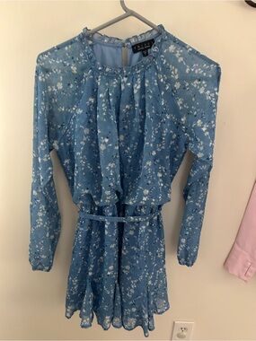 Trixxi Girls' Soft Blue Floral Tie-Waist Chiffon Dress